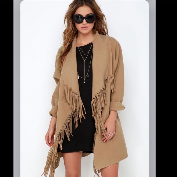 J.O.A Open Front Fringe Trim Detail Coat Tan Color Size M - Picture 1 of 9